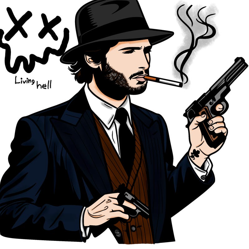 realist man smoking with a gun in his pocket and hand in the other pocket