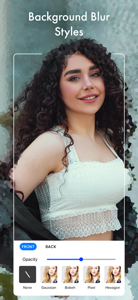Blur Photo Background Effects - Interface de um aplicativo de edição de fotos mostrando vários estilos de desfoque de fundo como bokeh e efeitos de pixel em um retrato