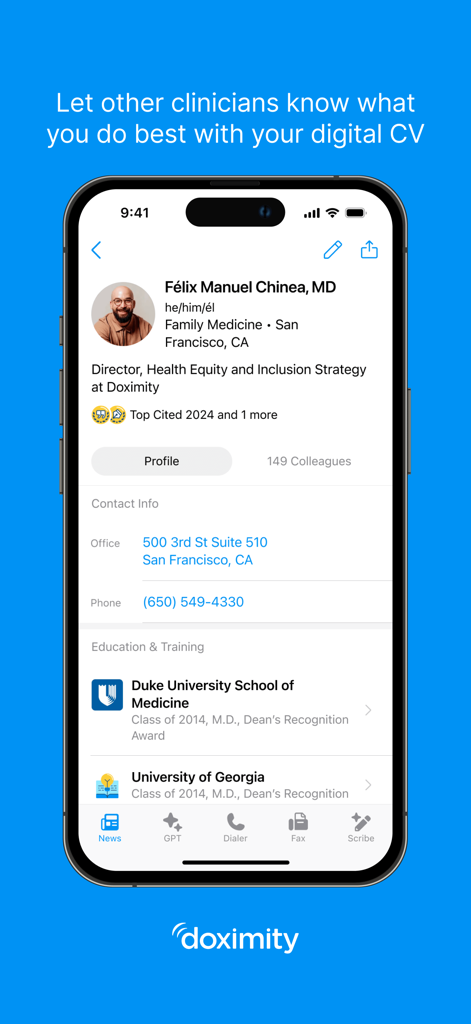 Doximity - Ein professionelles digitales Lebenslaufprofil eines Arztes in der Doximity App, das Kontaktinformationen und medizinische Ausbildung anzeigt.