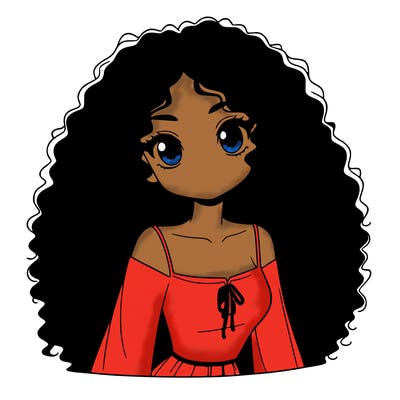 a black anime girl with long afro hair
