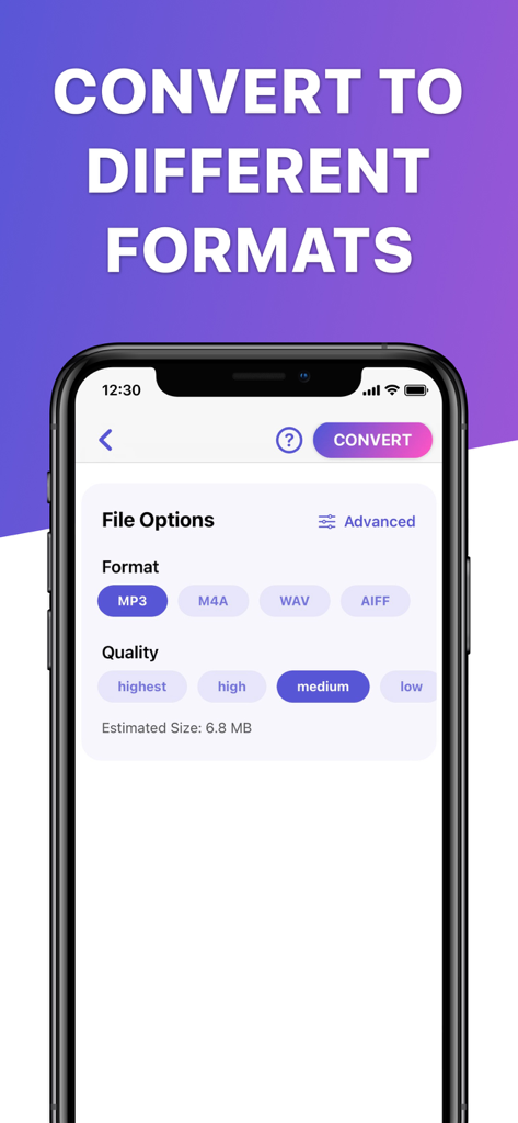 Video 2 MP3 Converter - Interface do aplicativo Conversor de Vídeo para MP3 mostrando opções para selecionar formatos de áudio como MP3 e WAV e ajustar configurações de qualidade
