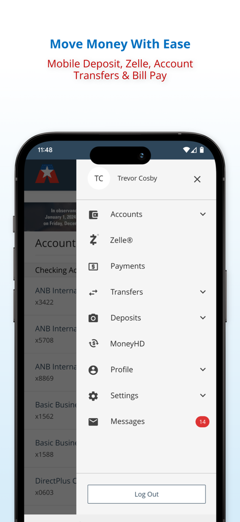 ANBTX Mobile Banking - ANBTX Mobile Banking app side navigation menu showing Zelle, transfers, and bill pay options.