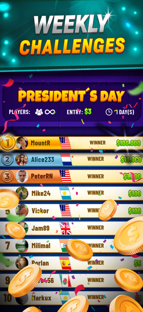 21 Jack - Blackjack Real Money - Tabla de clasificación de desafíos semanales para 21 Jack mostrando jugadores y sus ganancias en dinero real