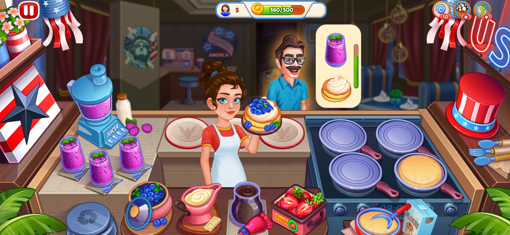 Cooking Express 2 - Food Games - A female chef serving a blueberry pancake dish in an American themed diner with juices and ingredients on the counter.