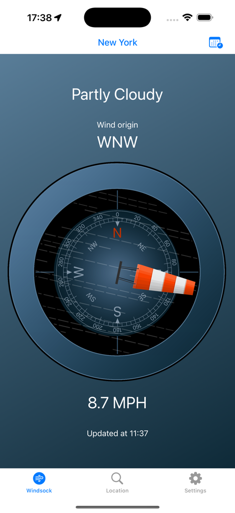 Windsockアプリ画面、ニューヨークで風速8.7MPH、コンパスにNW風向が表示されています。
