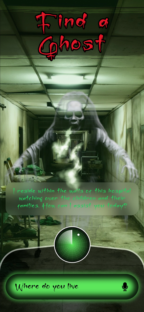 AR Spirits Box: Ghost Detector - AR Spirits Box 앱 인터페이스, 병원 복도에 있는 귀신과 활성 귀신 채팅 대화 표시