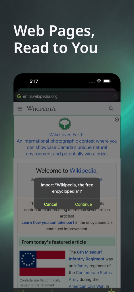 Aloud!, text to speech reader - Aloud app importing a Wikipedia article to be read aloud using text to speech