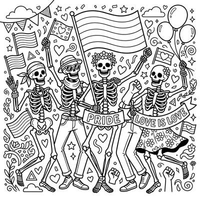 Join a jubilant parade of skeletons as they celebrate Pride Month with flags, banners, and an abundance of love and diversity. This engaging coloring page offers a unique and festive way for seniors and adults to express their creativity and support.