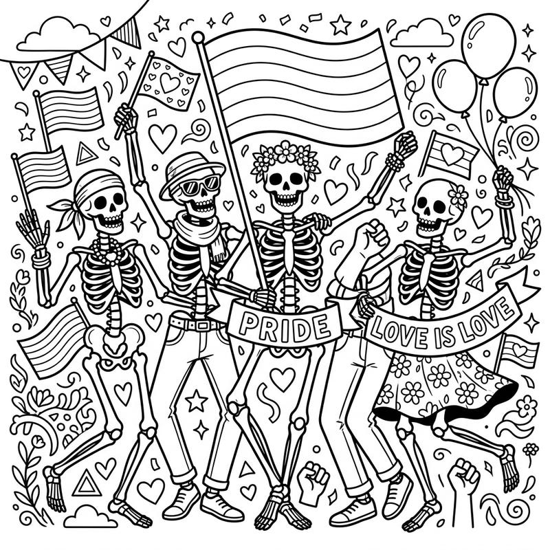 Join a jubilant parade of skeletons as they celebrate Pride Month with flags, banners, and an abundance of love and diversity. This engaging coloring page offers a unique and festive way for seniors and adults to express their creativity and support.