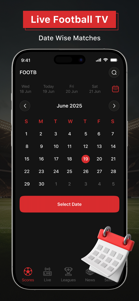 Streaming HD: Live Football TV - Pantalla de la aplicación de streaming de fútbol que muestra un calendario para seleccionar fechas de partidos