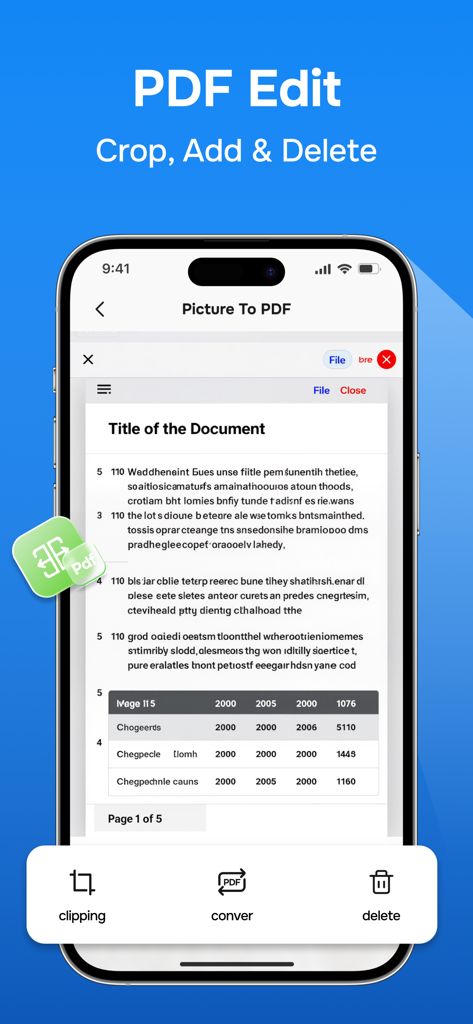 Smart Scanner: Scan Document - iPhone screenshot of the Smart Scanner app showing the Picture to PDF editing interface with options for clipping and document conversion