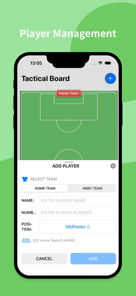 Interface de gerenciamento de jogadores do TacticPro mostrando um formulário para adicionar um jogador de futebol com nome e número ao quadro tático