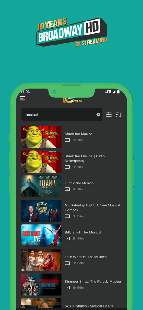 A smartphone screen showing the BroadwayHD app with a search result list of musicals including Shrek and Titanic.