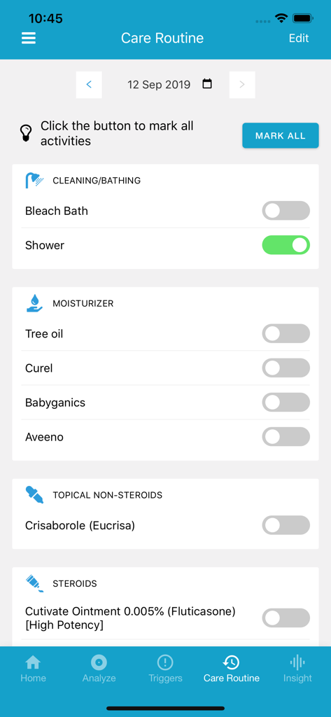 EczemaLess, an AI Eczema Guide - The care routine screen of the EczemaLess app showing checkboxes for bathing moisturizers non-steroids and steroids