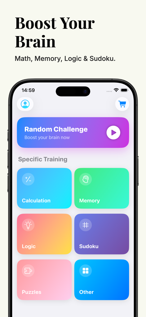 Brain Booster Pro app interface showing game categories for memory calculation logic and sudoku