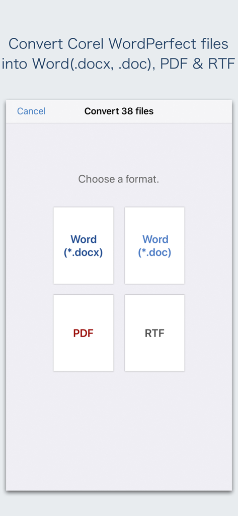 WPD Converter -for WordPerfect - App interface for choosing document output formats like PDF and Word when converting WordPerfect files