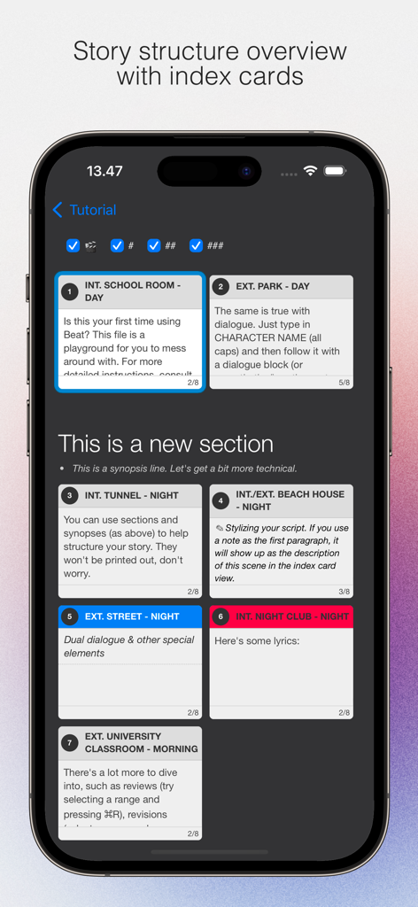 (beat) for iOS - Visualização de cartões de índice do aplicativo de roteirização Beat mostrando a visão geral da estrutura da história