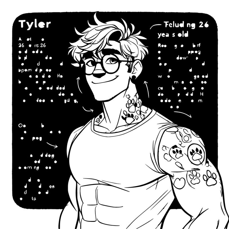 tyler from *love 4 a walk* has a youthful, laid-back look. at 26 years old, he’s buff with a strong, athletic build. he wears round glasses that give him an intellectual yet approachable vibe. his hair is thick and a bit long, styled in a messy, carefree way. tyler also has tattoos of dog paw prints on his neck, reflecting his love for dogs. his perfect, cute smile adds warmth to his appearance. he typically dresses in casual t-shirts, completing his relaxed, charming style.