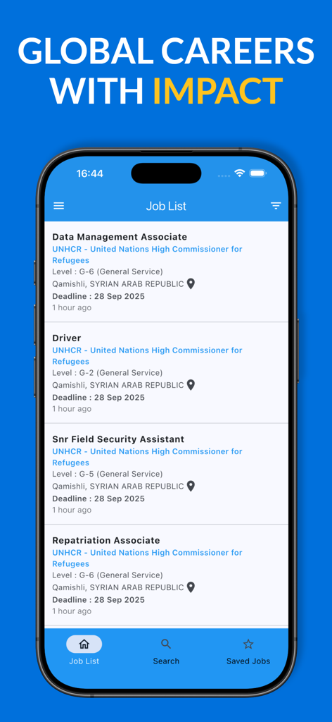 A mobile interface for the UN and NGO Jobs app displaying a list of humanitarian career opportunities.