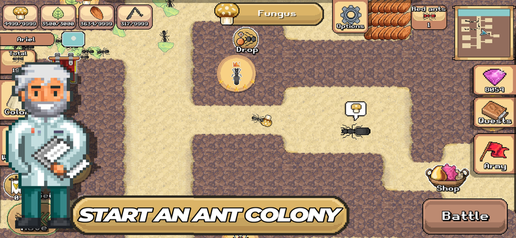 Pocket Ants game screenshot showing an underground ant nest with strategy game interface and a scientist character
