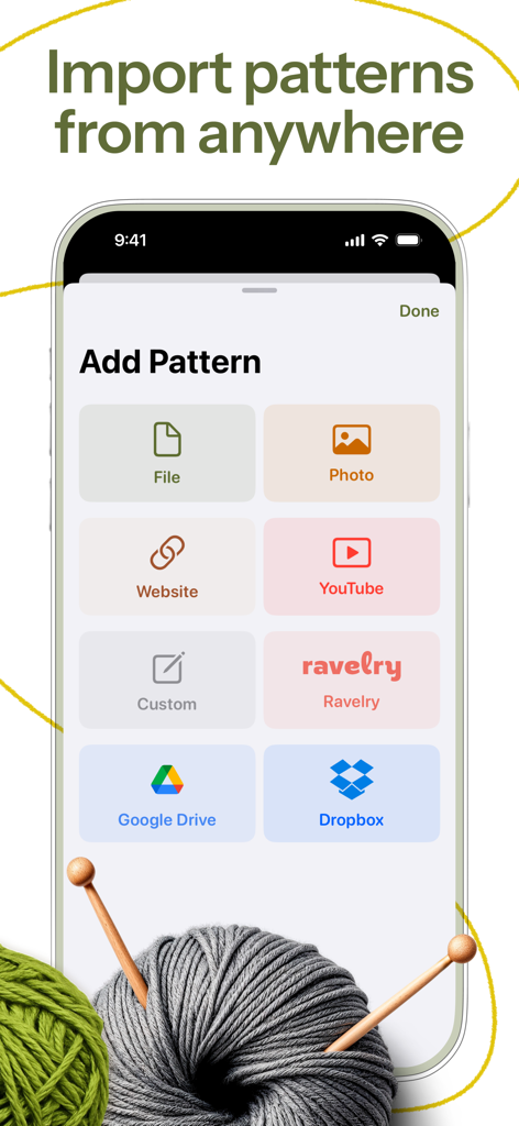 Loopsy - Crochet & Knitting - Screenshot der Loopsy App, der mehrere Optionen zum Importieren von Häkel- und Strickmustern aus Quellen wie Ravelry, YouTube und Google Drive zeigt.