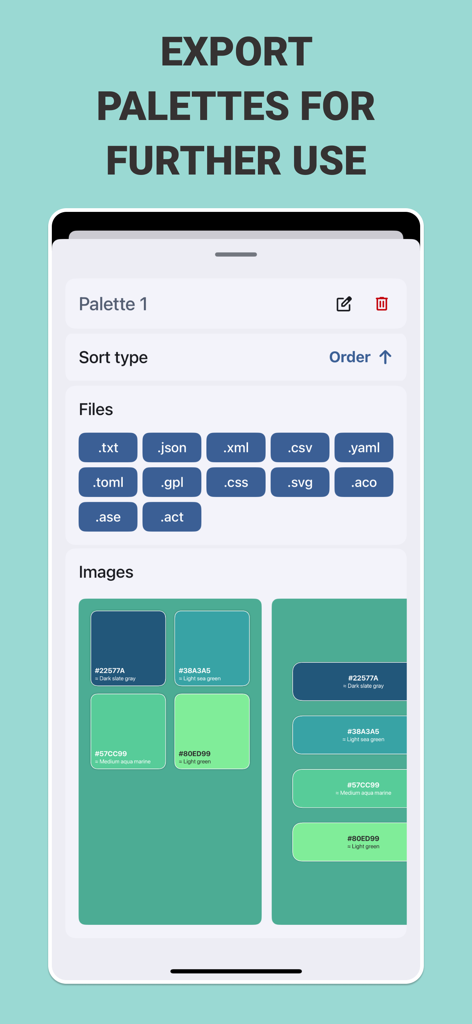 Screen showing professional color palette export options in formats like JSON, CSS, and ASE.