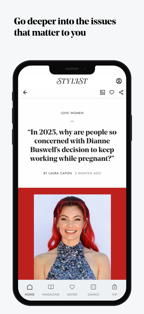 Stylist app article screen featuring a piece on women's career and pregnancy issues