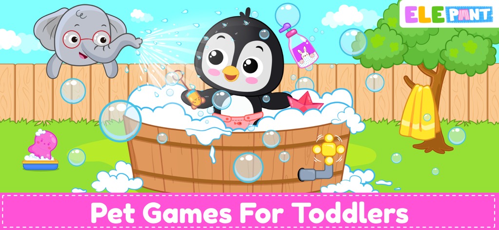 Baby Pet Care Games & Dress up - A cute penguin character taking a bubble bath in a wooden tub while an elephant sprays water from its trunk