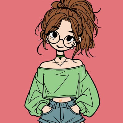 girl with a messy ponytail glasses a baggy crop top and jean shorts