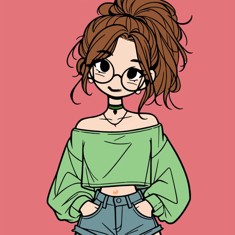girl with a messy ponytail glasses a baggy crop top and jean shorts