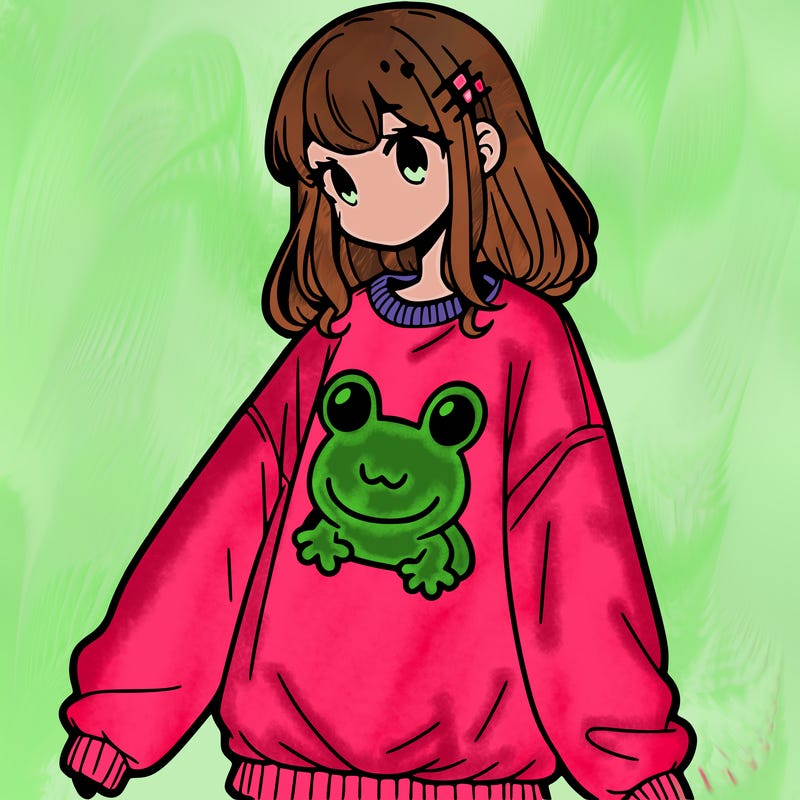 girl wearing frogging sweatshirt