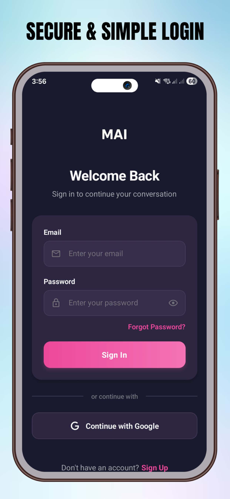 MAI: Virtual Companion Ai Vibe - Secure login screen for the MAI Virtual Companion AI app showing email and Google sign-in options
