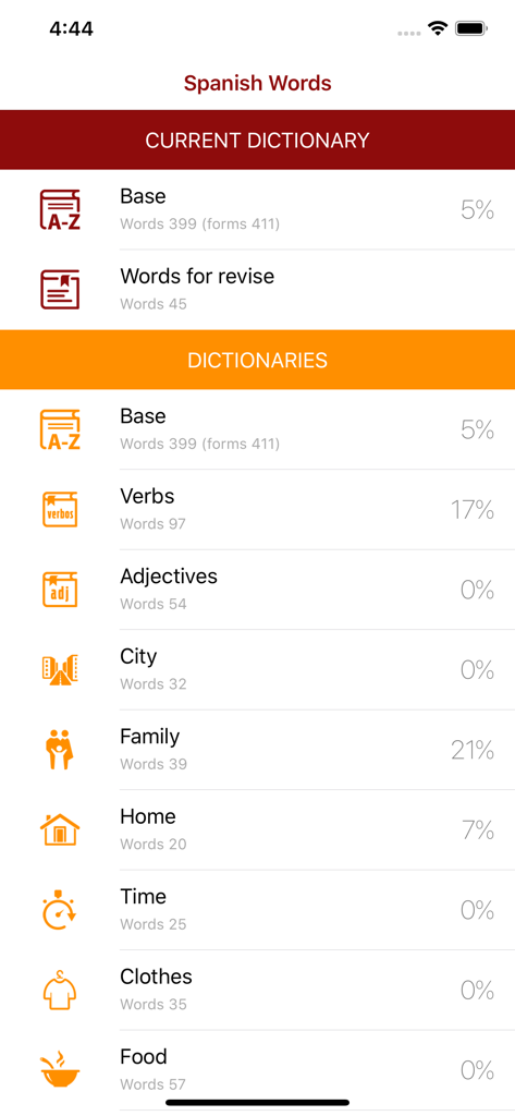 Lista de categorias de palavras em espanhol e porcentagens de progresso de aprendizagem no aplicativo Polyglot