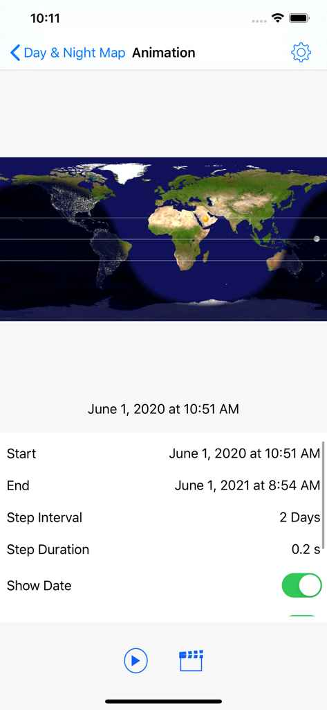 Interface of the Day and Night Map app displaying settings for creating a world map time lapse animation