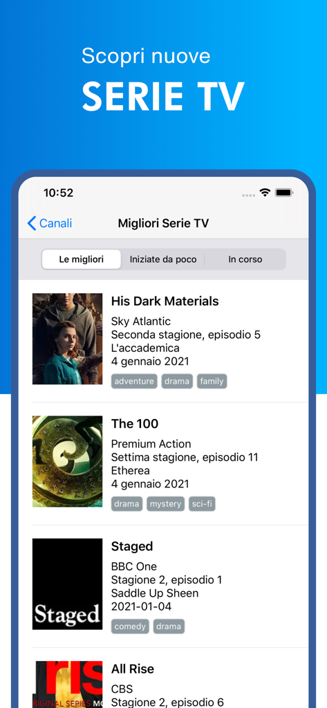 Oggi in TV - guida tv - Mobile app screen displaying a list of top TV series with channel information and episode details