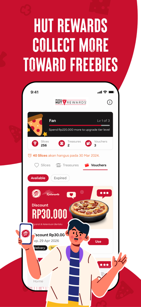 Interface de l'application Pizza Hut Indonesia montrant Hut Rewards, des Slices et des bons de réduction.