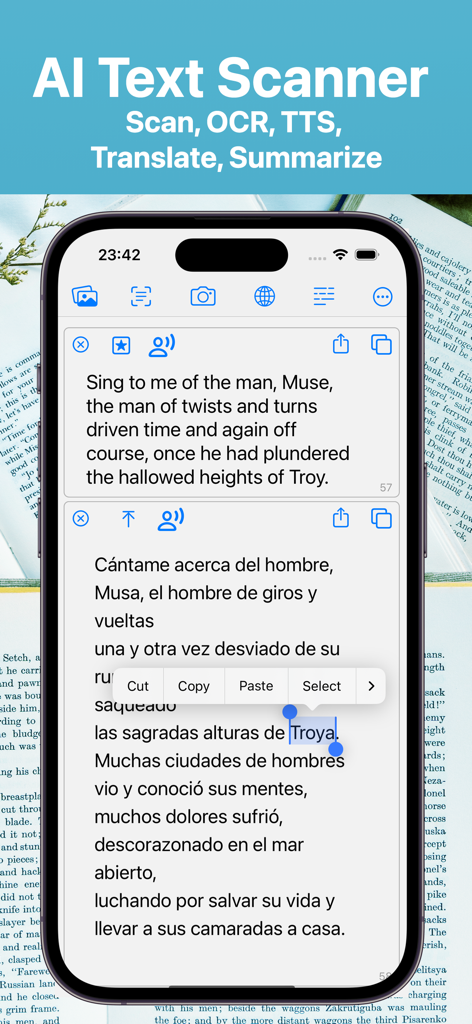 TLDR app interface displaying an AI text scanner with English and Spanish translations and text selection menu