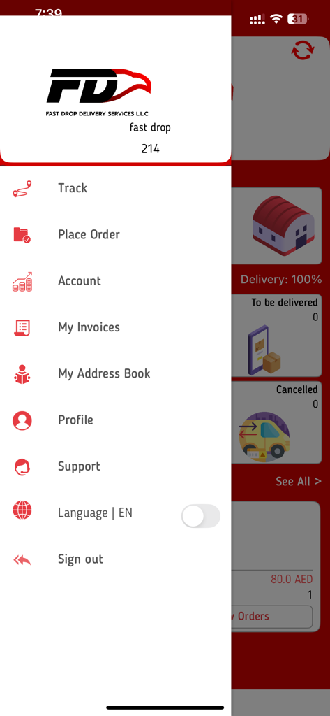 Menú de navegación de la aplicación Fast Drop Shipper que muestra opciones de logística empresarial como seguimiento y pedidos.