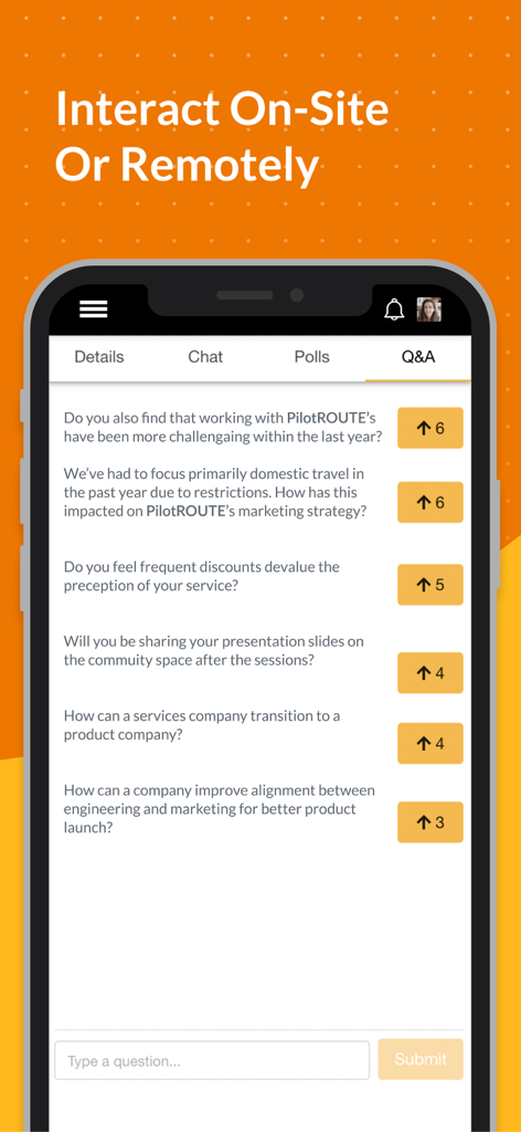 Event App by EventMobi - Live Q&A section in the EventMobi app showing attendee questions and upvotes