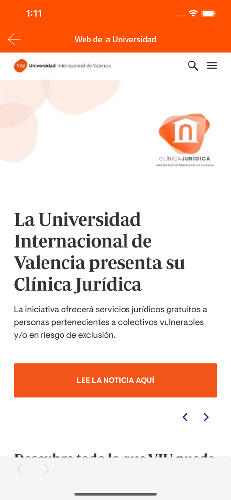 Pantalla móvil de la aplicación VIU que muestra un artículo de noticias de la universidad sobre una nueva iniciativa de clínica legal.
