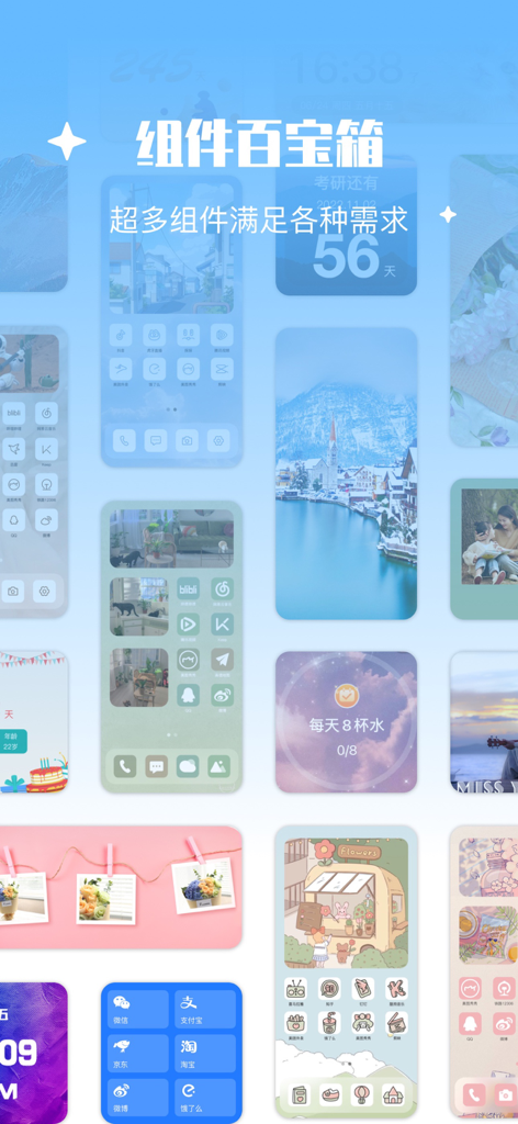 Una colección de temas estéticos para la pantalla de inicio del iPhone que incluyen iconos personalizados, fondos de pantalla y widgets.