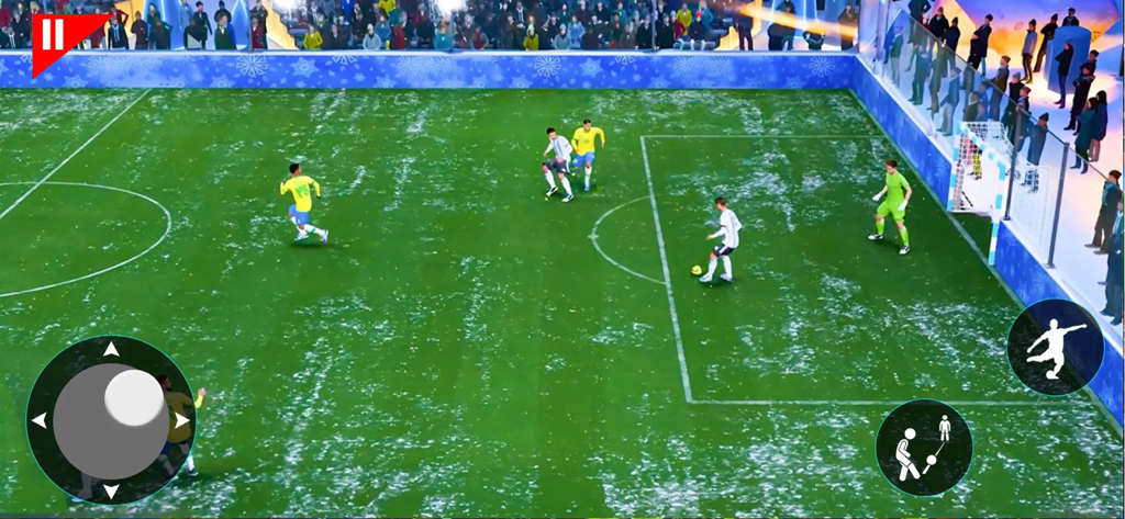 Captura de pantalla de la jugabilidad móvil del Juego de Fútbol Sala Callejero 2024 mostrando jugadores en un campo verde con controles en pantalla