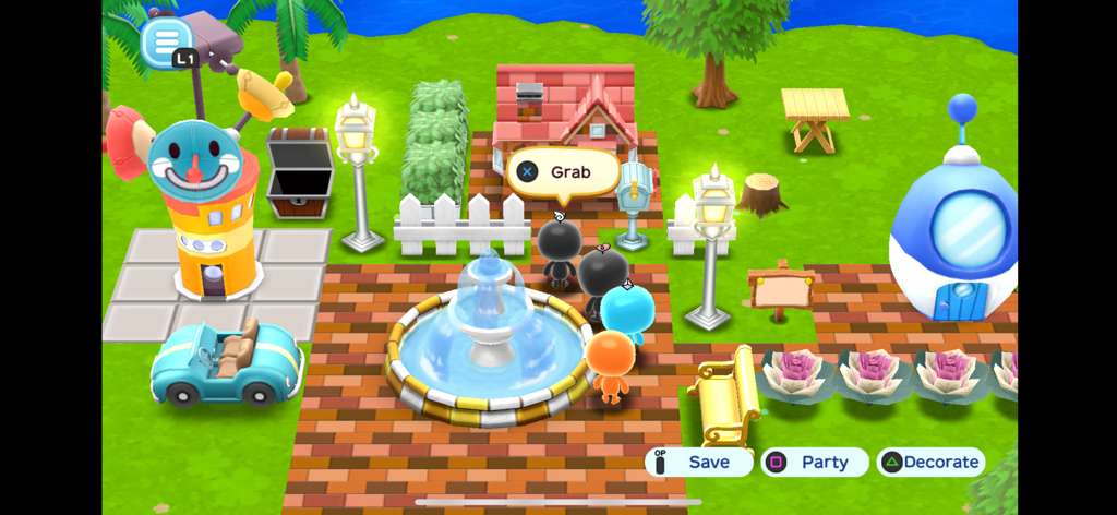 THE NEW DENPA MEN - A gameplay screenshot of THE NEW DENPA MEN showing a customized island with a fountain, characters, and various furniture items like a blue car and golden bench.