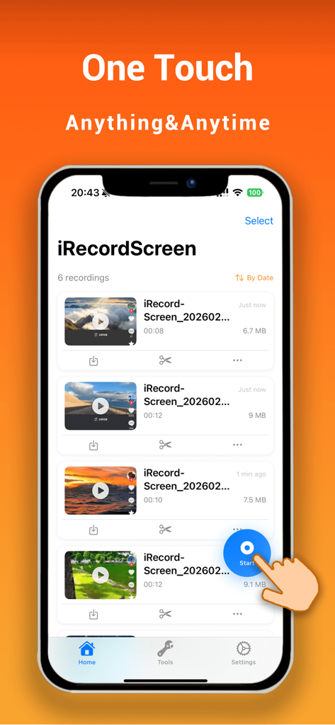 iRecordScreen: Screen Recorder - iRecordScreenアプリに、ビデオ録画の整理されたリストと、青いワンタッチ開始ボタンをタップする手のアイコンが表示されています
