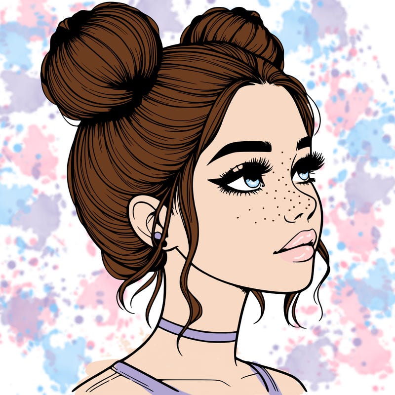realistic girl with buns on the top of her head