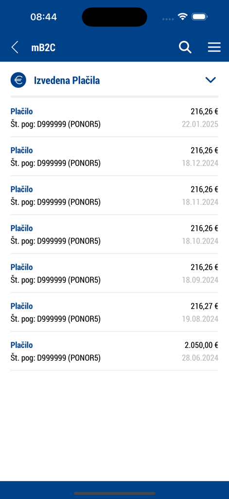 mB2C - Die Benutzeroberfläche der mB2C-App, die eine Liste ausgeführter Leasingzahlungen mit Daten und Beträgen anzeigt.