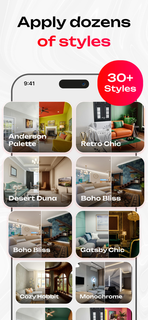 MY Home AI: Interior Design - Una exhibición de múltiples estilos de diseño de interiores generados por IA como Retro Chic Boho Bliss y Gatsby Chic en la aplicación.