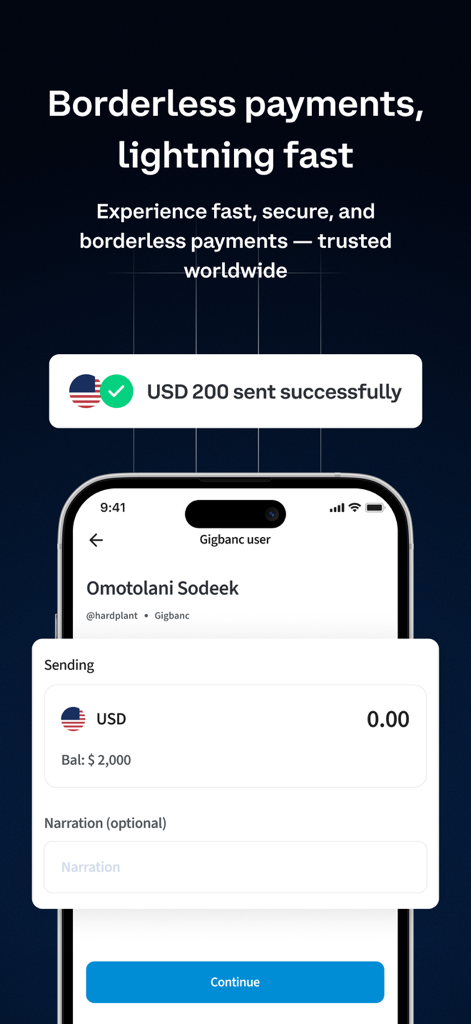 Gigbanc - Gigbanc mobile app interface showing a successful USD payment and a borderless money transfer screen.