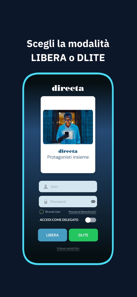 Schermata di accesso dell'app mobile Directa che mostra le opzioni per scegliere tra le interfacce di trading Libera e dLite.