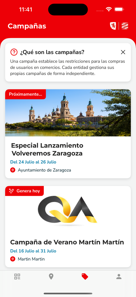 Mobile app interface showing local shopping campaigns and promotions in Zaragoza